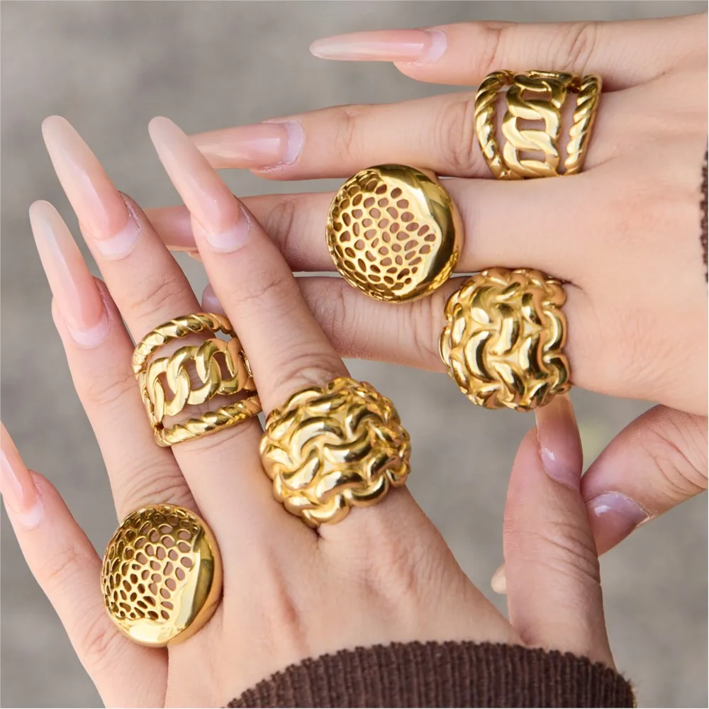 Statement Interwoven Textured Chunky Rings for Women 18K Gold Plated Stainless Steel Ring Vintage Hollowed Bold Keeper Rings