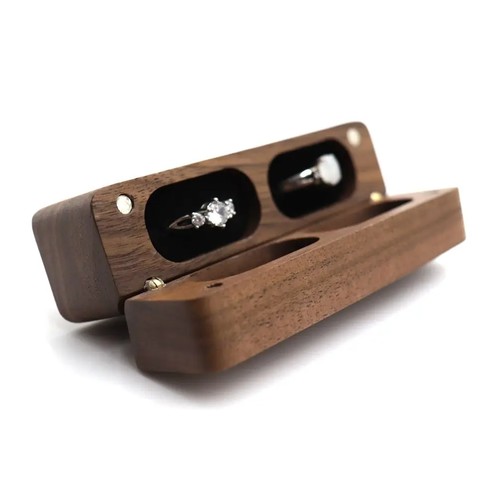 Gift Walnut Wood Ring Box 2-Slot Flip Cover Wedding Ring Case Rectangular Magnetic Cover Jewelry Display Case Thanksgiving