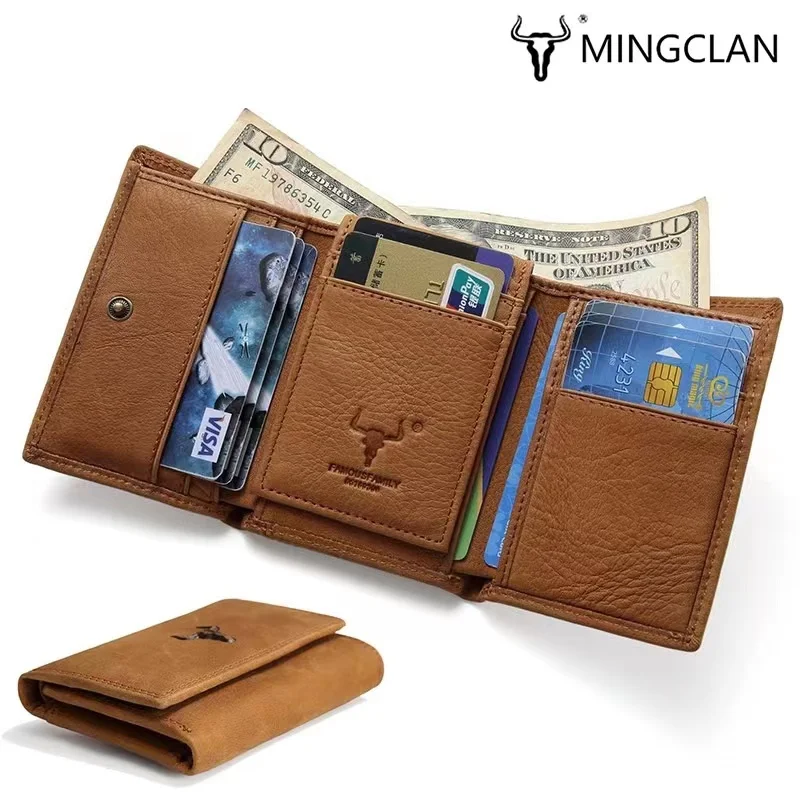 MINGCLAN Trifold Short Wallet Genuine Leather RFID Blocking Coin Pure Men Women