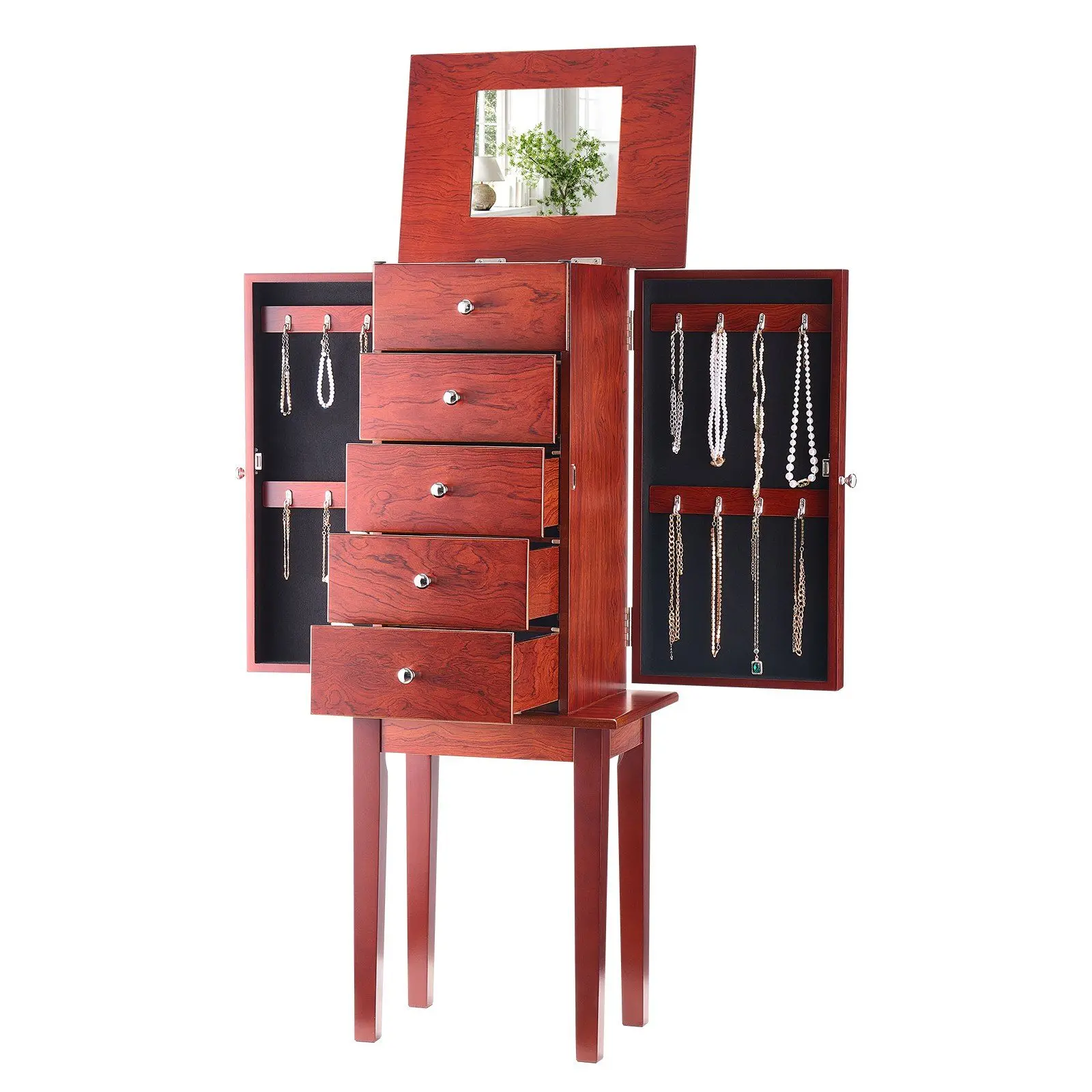 

Jewelry Cabinet Armoire Standing Jewelry Storage Chest with 4 Drawers & Mirror