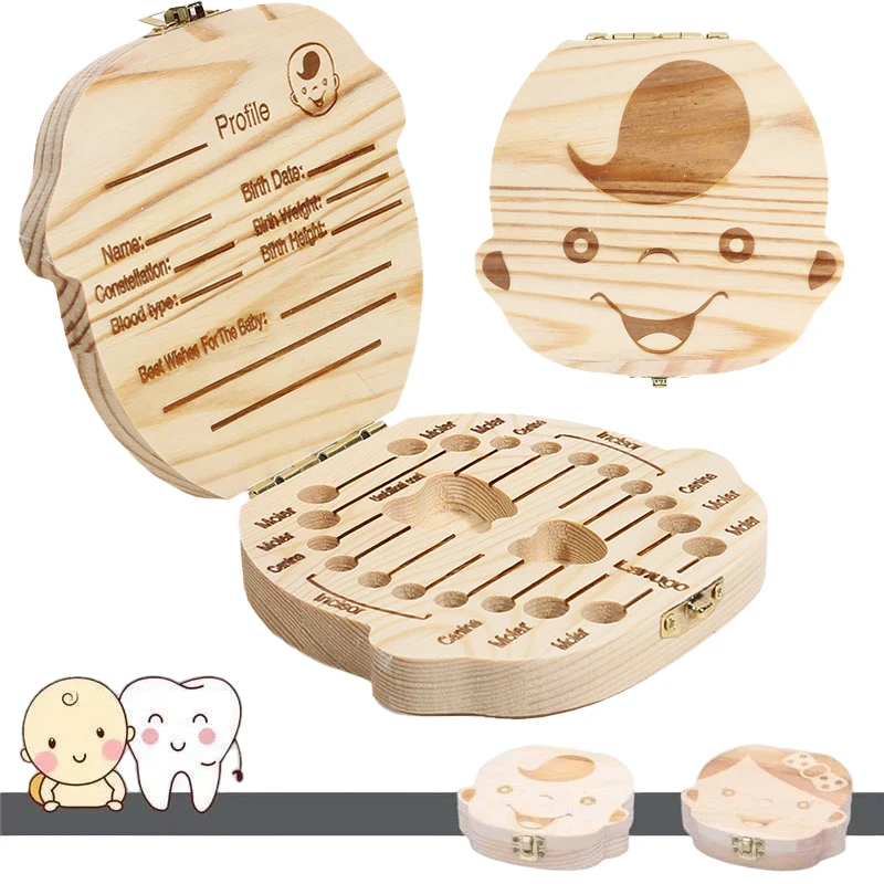 

Коробка для детских зубов, деревянный детский органайзер для молочных зубов, хранилище для мальчиков и девочек, детские сувениры, подарки на память, испанский/голландский/французский/немецкий