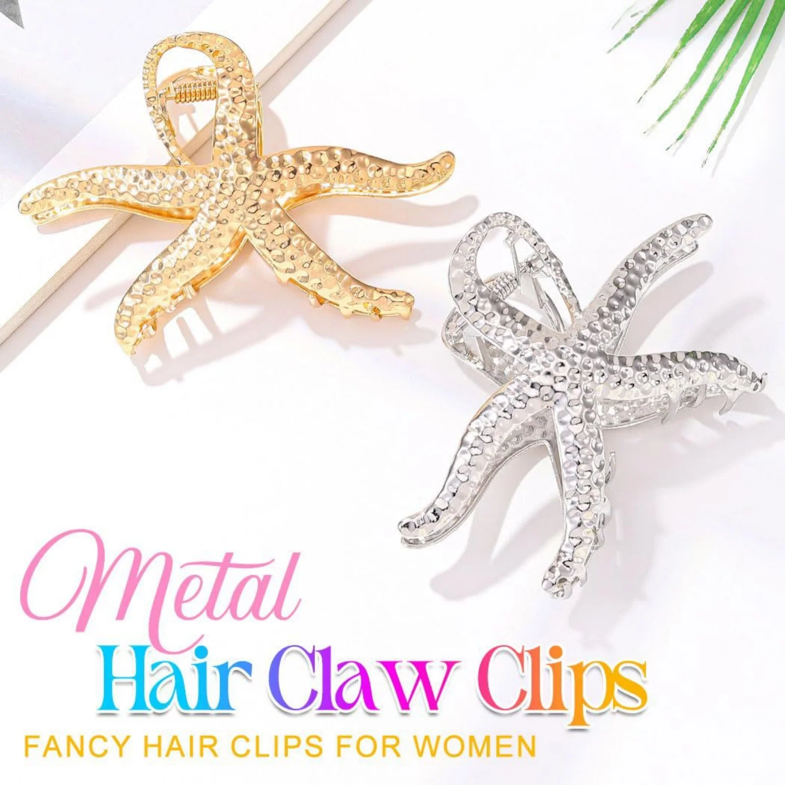 1 Stück Seestern – geformte Haarklammern, gold- und silberfarbene strukturierte Metall-Haargriffe, schicker Strand-Haarschmuck für Frauen – Detail 6