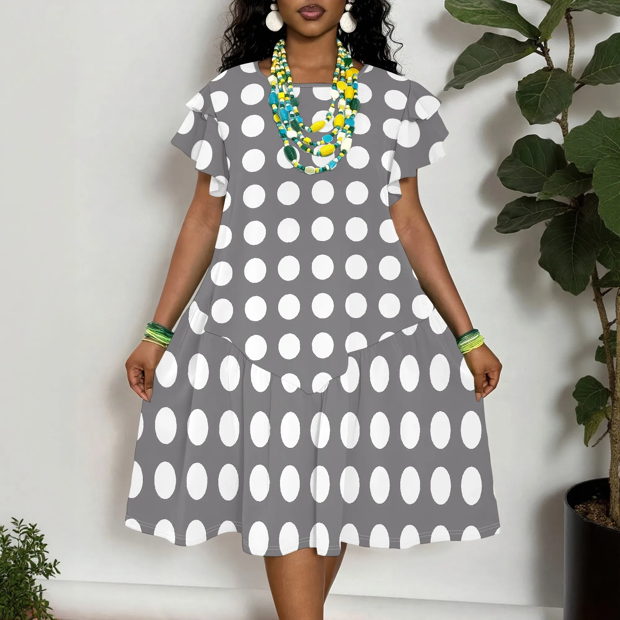 

Short Sleeve Polka Dot Dress, Gray Print Tunic Top, Casual Loose Fit Sundress for Women, Summer Beach Vacation Wear, XL-6XL