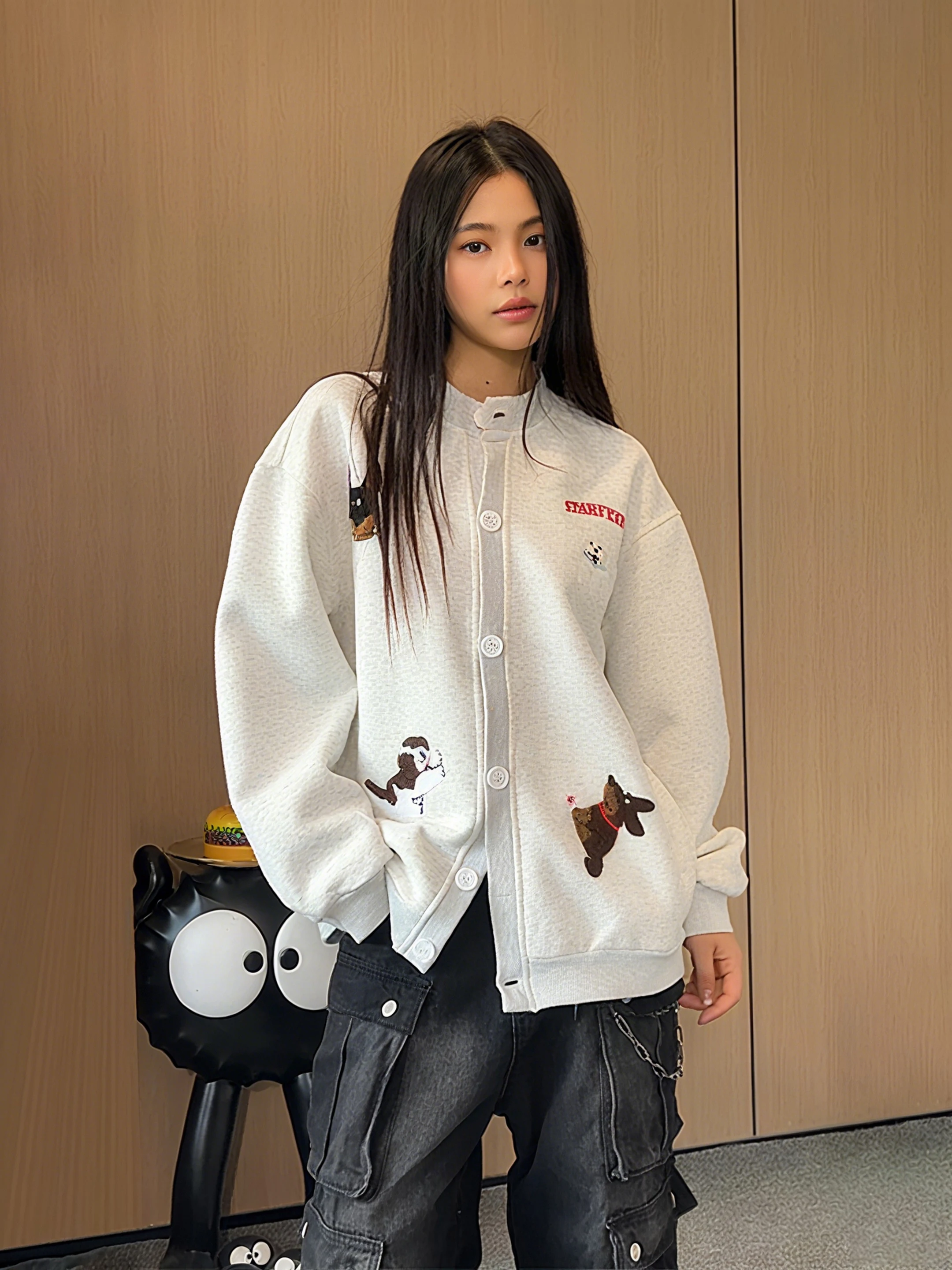 

Оверсайз-толстовка с вышивкой мультяшной собаки в американском стиле, осенняя парная верхняя одежда с длинными рукавами