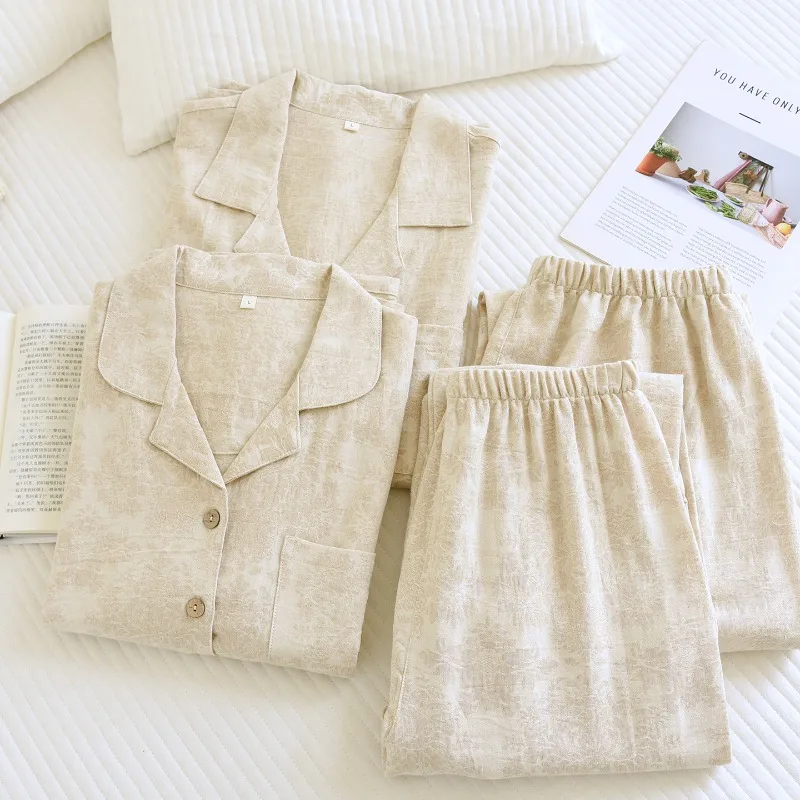 Jacquard Pajama Set for Couples Textured Cotton Linen Sleepwear Men Women Minimalist Japanese Style 2 Piece Loungewear Suit