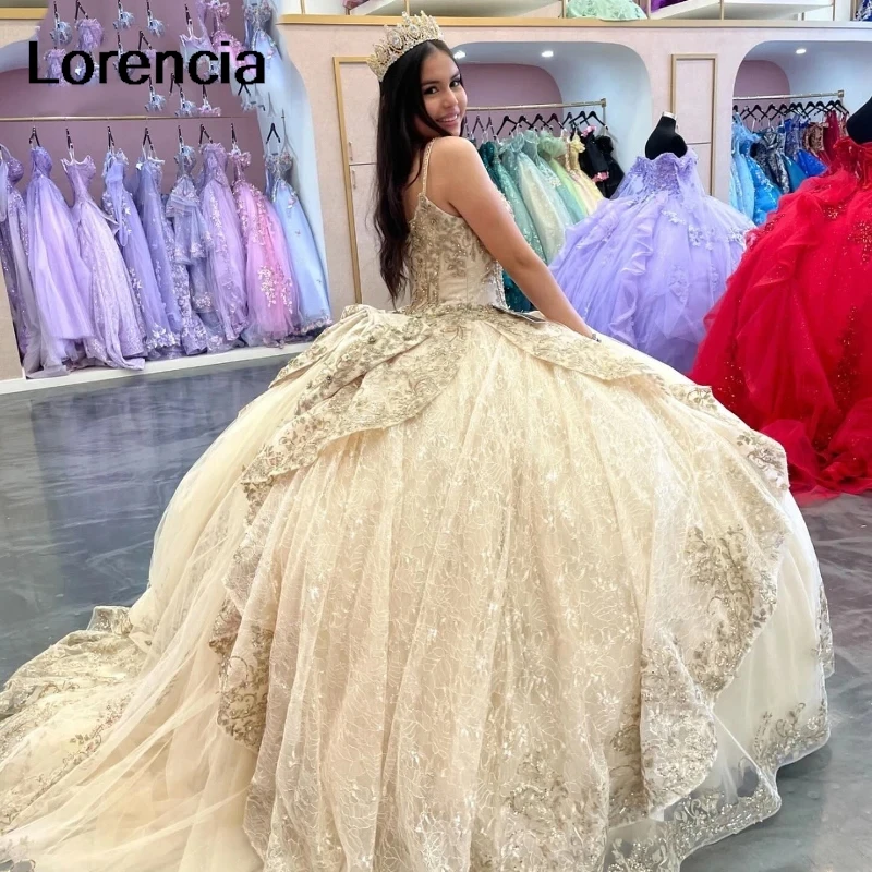 فستان Quinceanera بلون الشمبانيا الخفيف المخصص فستان حفلة ترتر مزين بالدانتيل مطرز بالخرز مشد حلو 16 فيستدوس دي 15 أنيو YQD813