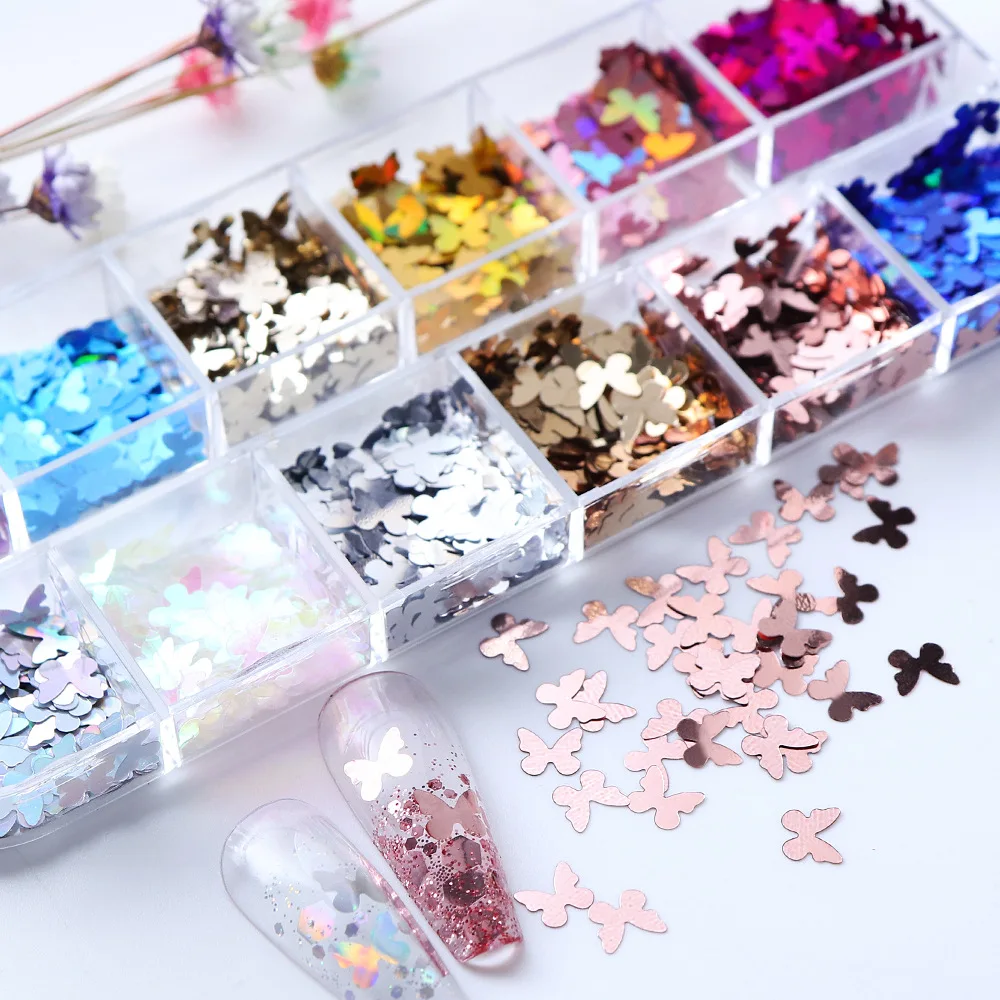 Abalorios holográficos para uñas de mariposa con láser, copos brillantes dorados y plateados, suministros de lentejuelas para uñas, accesorios profesionales
