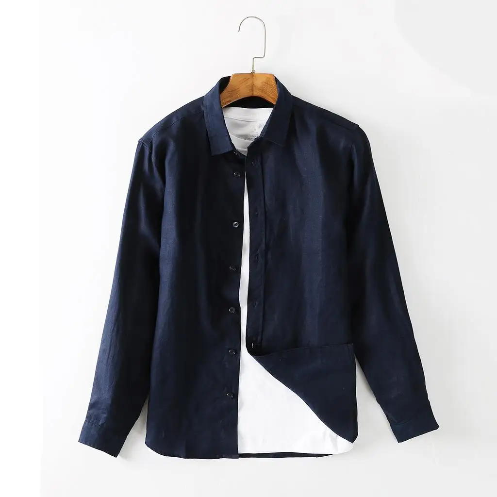 

Льняная мужская рубашка с воротником, тонкая, с длинным рукавом, простой стиль, однотонная, деформируемая, для лета, для ношения под одеждой, женская модель