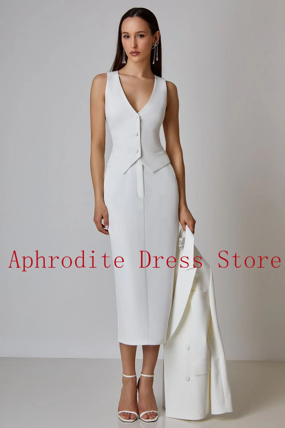 فستان سهرة أنيق من الجيرسيه الأبيض مخصص مع أزرار وجيب على شكل حرف V وأكمام قصيرة فساتين حفلات عالية الجودة