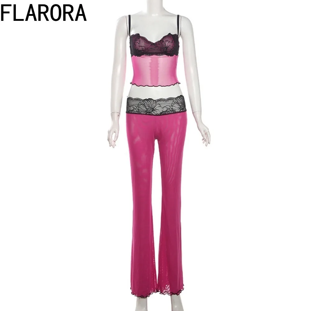 FLARORA Y2k Spitze Patchwork 2-teiliges Set Frau Leopardenmuster Spaghettiträger Crop Tops und Schlaghosen Outfits Street Trend Anzug