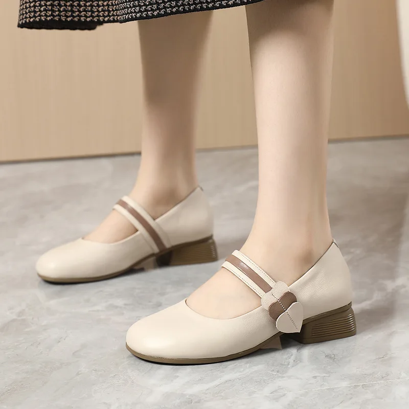 GKTINOO 2024 Autumn New Fashion Pumps Handmade Flower Large Size Shoes Woman Thick Low Heels Soft Soles Genuine Leather Shoes