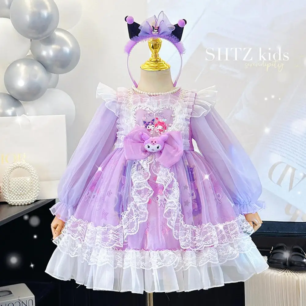 

Sanrios Kuromi Girls Princess Dress Spring Autumn Lolita Lace Puffy Skirt My Melody New Long Sleeve Cosplay Party Dress Gift