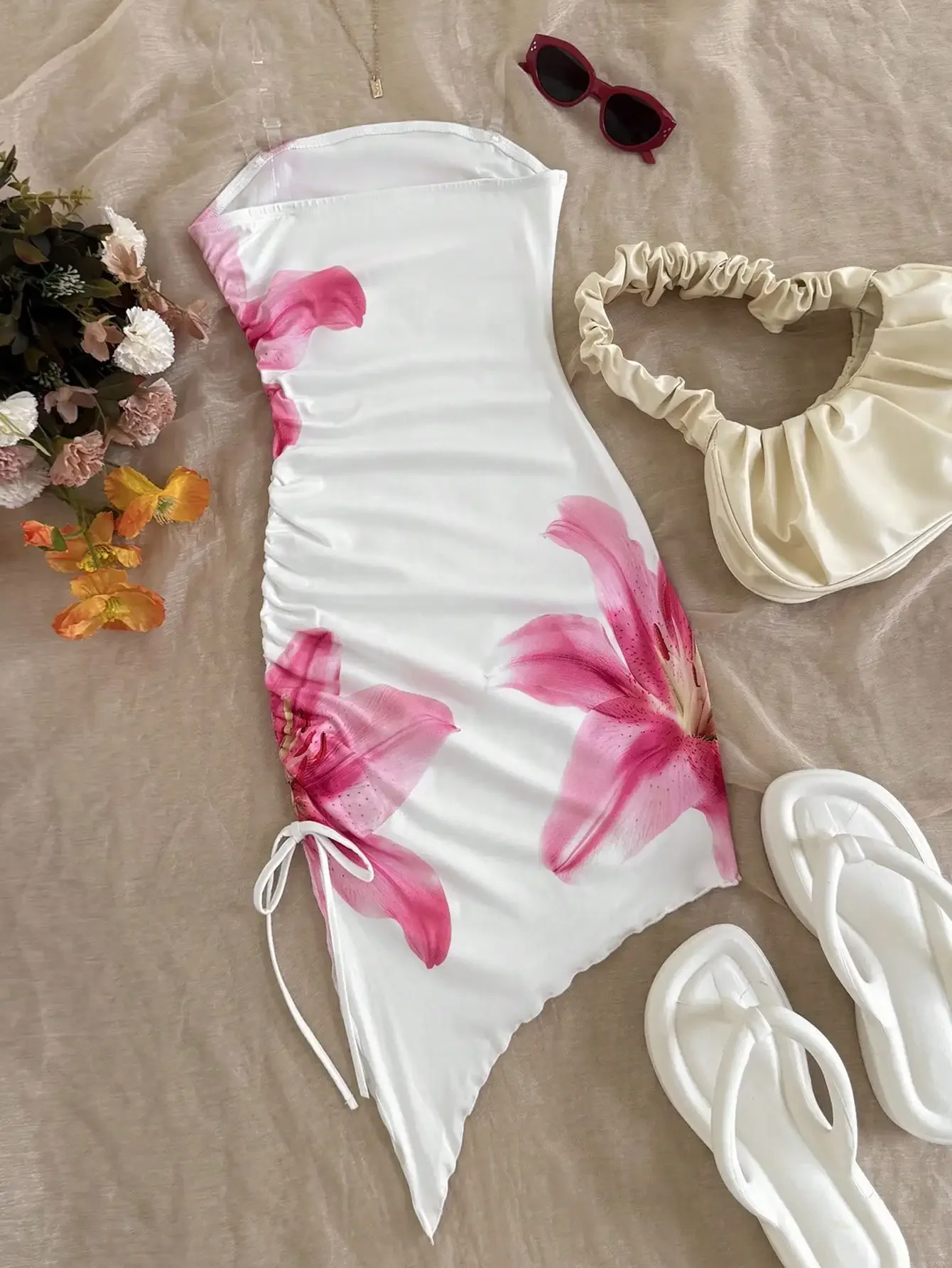 

Women Floral Print Asymmetrical Mini Dress Sleeveless Bohemian Style