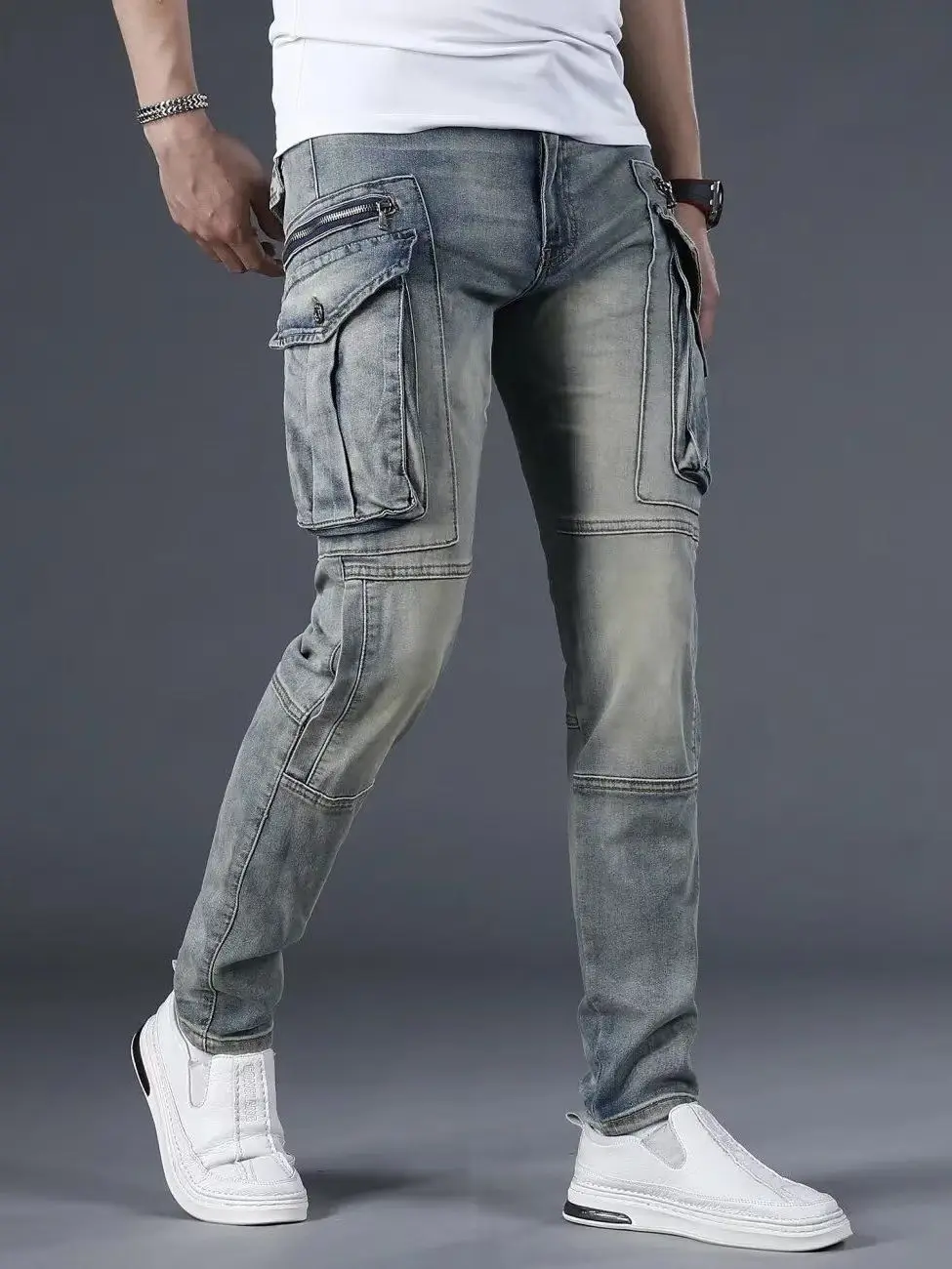 

Мужские облегающие прямые повседневные джинсы в стиле ретро в американском стиле, рабочая одежда, джинсовые брюки с эластичной резинкой на талии, молодежные модные брюки для отдыха...