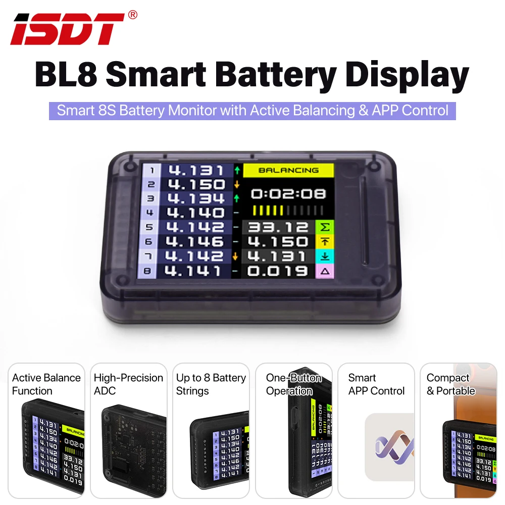 ISDT BL8 Smart Battery Monitor with Active Balancing, High-Precision ADC Plug & Play up to 8 Battery Strings APP Control