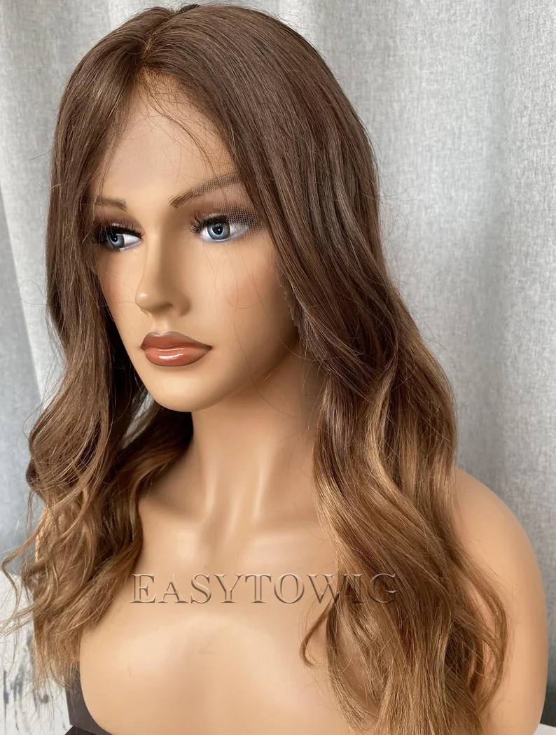 Long 28‘’ Ombre Brown 5x5 Silk Base Wave Jewish Human Hair Wig With Baby Hair HD Lace European Hair Glueless Preplucked  Daily