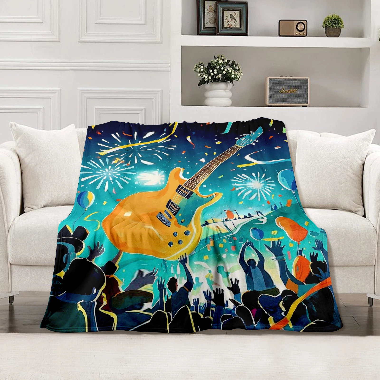 

Cartoon Figures Dynamic Guitars And Dazzling Fireworks Music Festival Blanket Ideal For Young Children Or Gifts