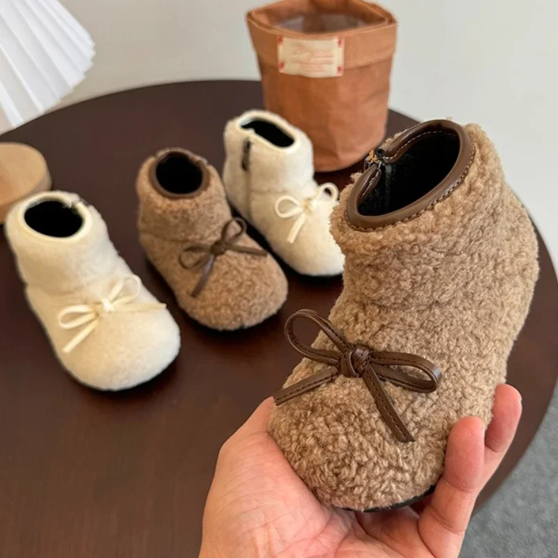 2024 Winter New Children Flats Fur Cover Toe Light Warm Kids Fahsion Bowknot Casual Shoe Plush Non-slip Leisure Mary Jane Shoes