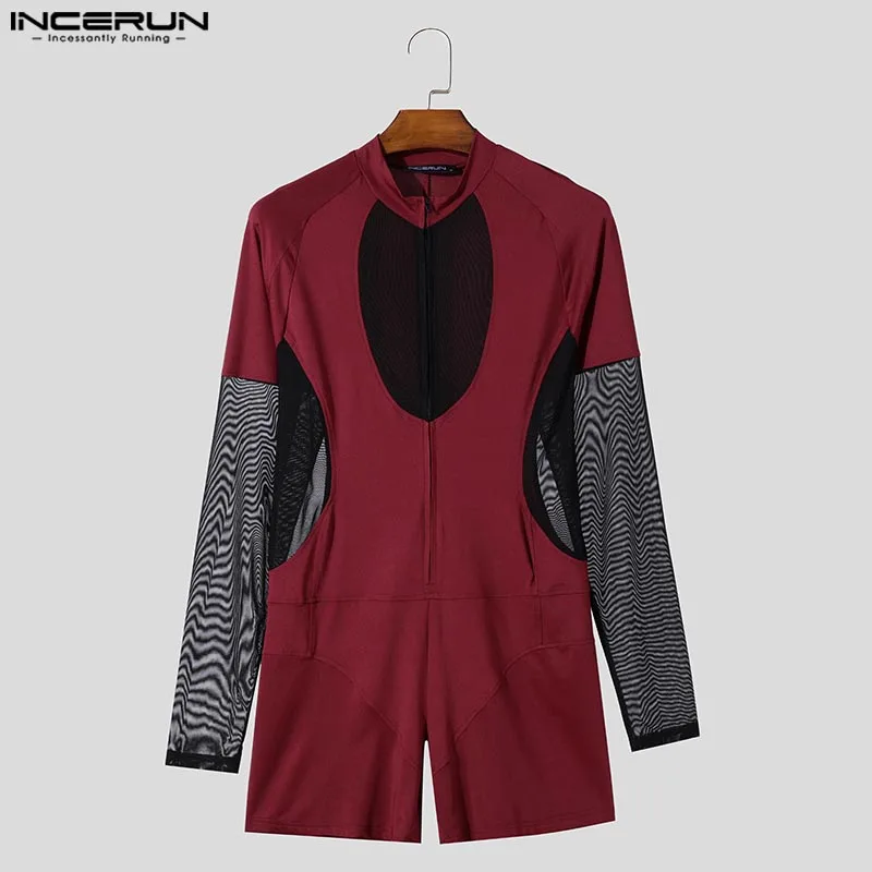 INCERUN 2024 Stylish Jumpsuit Mens Sexy Hollow Design Splicing Mesh Jumpsuit Loungewear Male Hot Sale Thin Long Sleeved Bodysuit