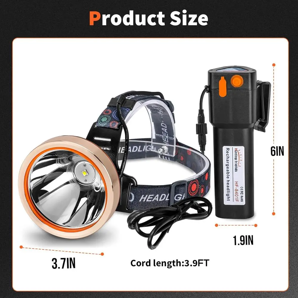 High Power Rechargeable LED Headlamp - Waterproof Adjustable Head Flashlight, Hands-Free Head Torch for Camping, Hiking, Hunting