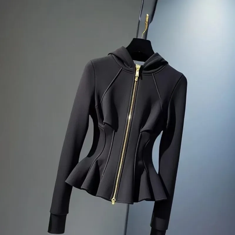 Cappotto con cappuccio con zip sportiva nera moda americana abbigliamento donna 2025 nuova giacca casual a vita sottile primavera autunno donna Harajuku