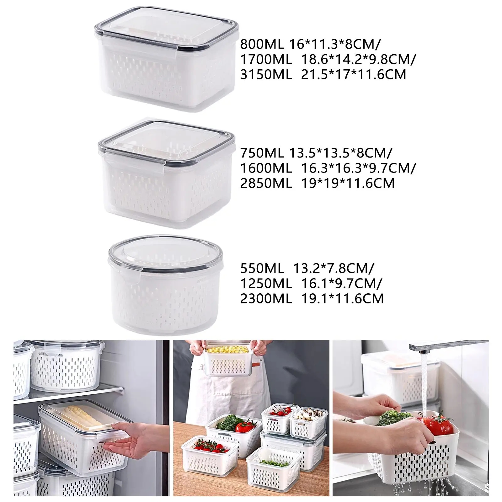 3/Set Stackable Food Containers Set with Lid Lunch Boxes BPA Removable Drain Basket Meal Containers zer Bins