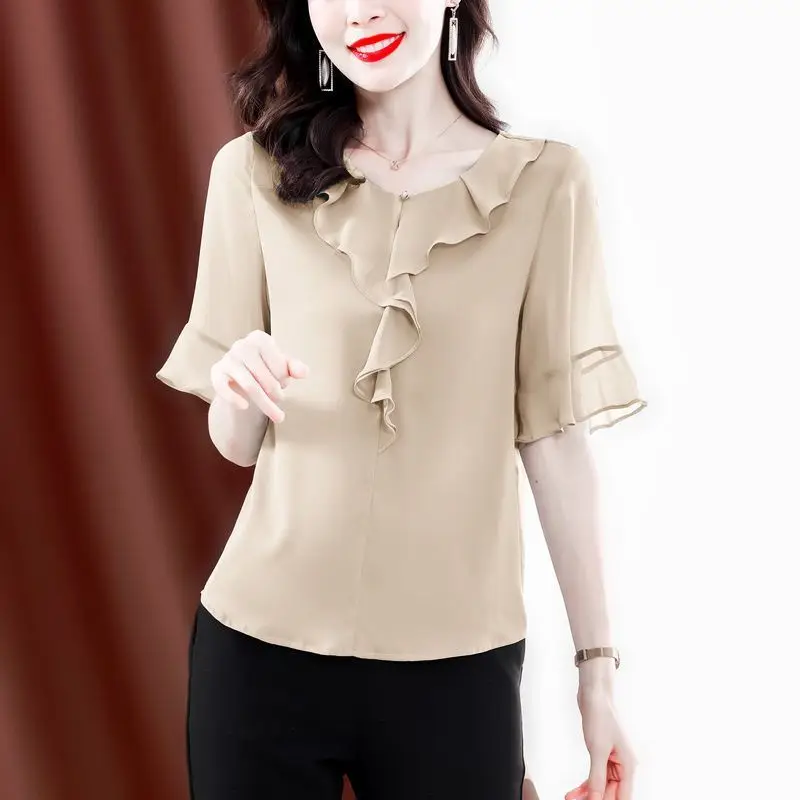 Summer Ruffles Patchwork Chiffon Blouse 2023 Fashion Solid Color All-match Round Neck Female Clothing Commute Short Sleeve Shirt