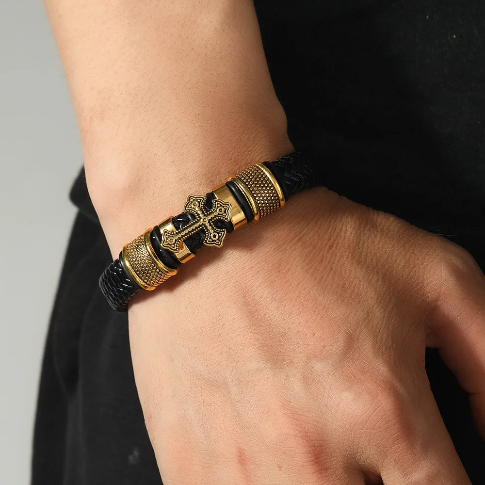 1Pc Men Vintage Cross Braided Leather Bracelet, Gold Alloy Ornate Cross Wristband Punk Rock Magnetic Clasp Bangle Jewelry