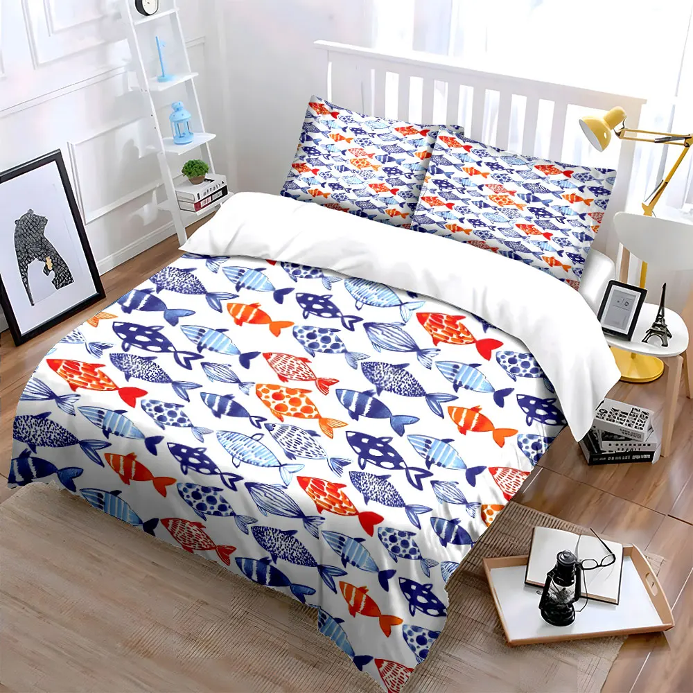 Hand-painted fish pattern background Printed Duvet Cover Set 1 Duvet Cover+2 Pillowcase Multi Size Bedroom Bedding Decor