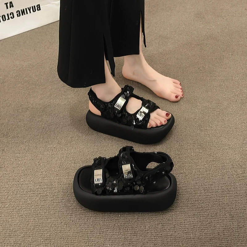 Женские сандалии с пайетками, 35–40, удобные спортивные сандалии на липучке с толстой подошвой и открытым носком, с одной пряжкой и ремешком, повседневная пляжная обувь