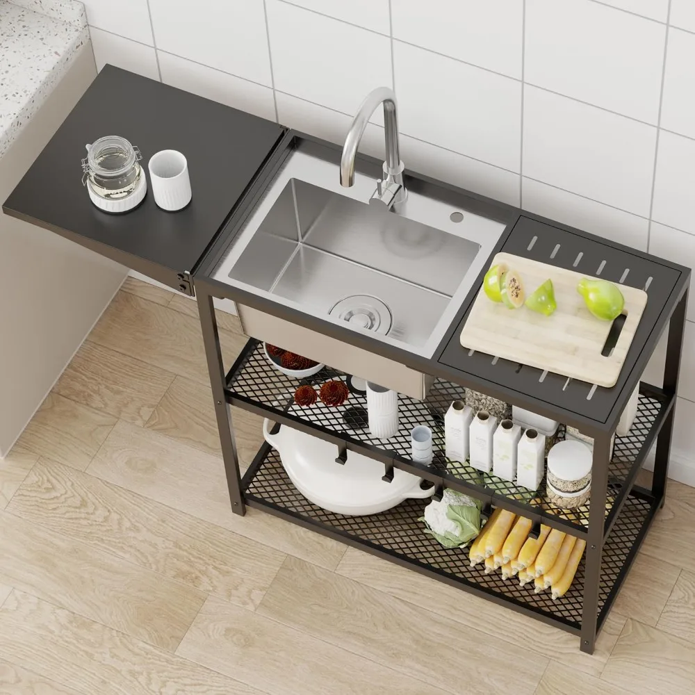 47 Freestanding Kitchen Utility Sink with Stainless Steel Single Bowl, Foldable Countertop and Cold & Hot Water Faucet for Far