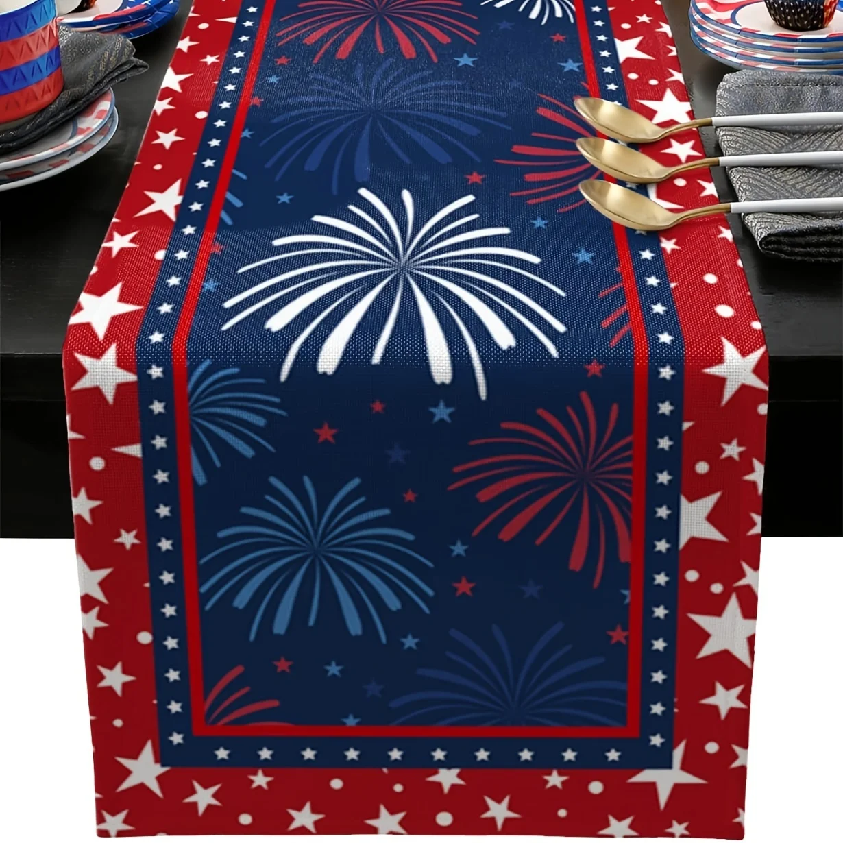 1pc 4th Of July Table Runner Patriotic Stars Firework Table Runners For Dining Room Blue Red Dinner Runner Independence Day Memo