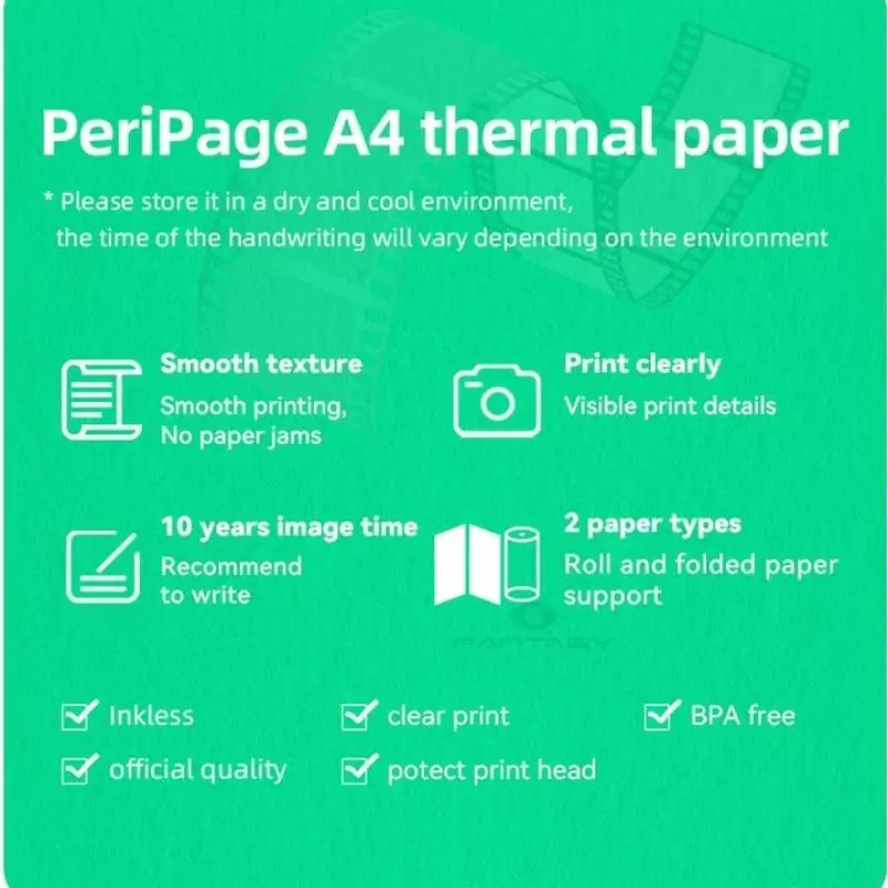 Peripage A40 Thermal Paper 2-15 Years Imaging Time Recording Paper A4 Size 210mm Folded/Roll Paper