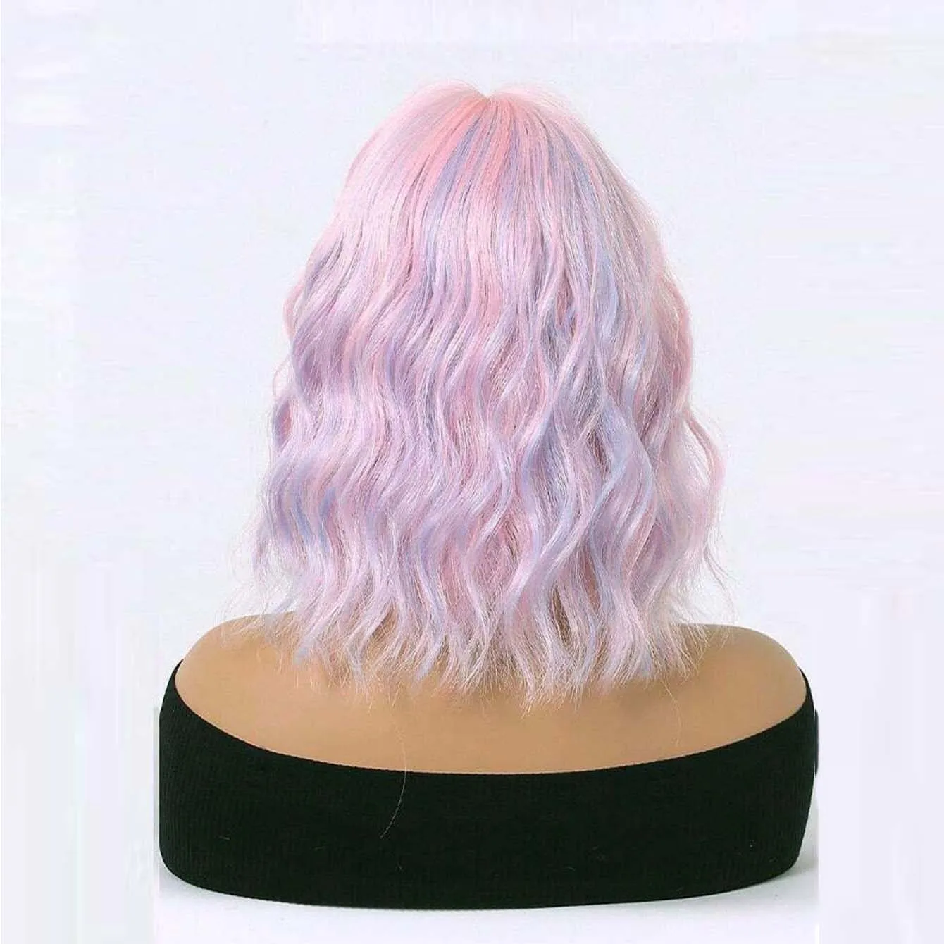 Wig sintetis 14 inci warna ganda ungu campuran merah muda dengan Wig rambut pendek bergelombang untuk penggunaan sehari-hari wanita Cosplay tahan panas