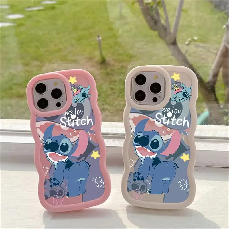 Funny Cute Stitch Phone Case For iPhone 16 15 14 13 12 11 Pro Max Plus X XS MAX XR 8 7 6 6S Plus 8+ 7+ Wave Side Silicone Cover