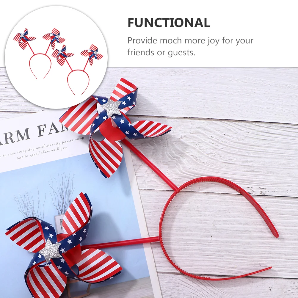 2 Pcs Pop Independence Day Headband Hair Bands Patriotic Pinwheels Bopper Plastic Blue Party Supplies Hoop