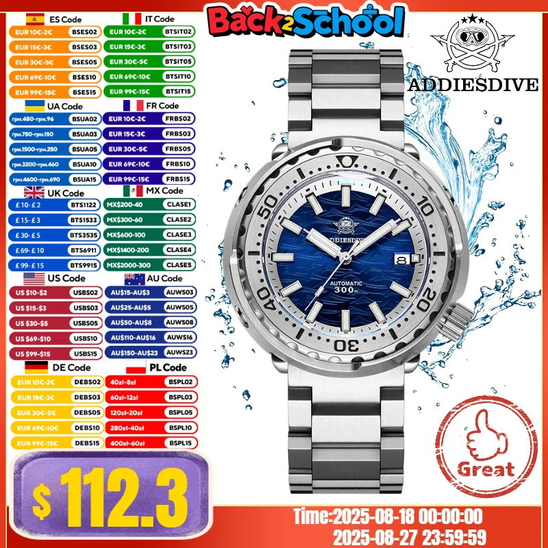 

ADDIESDIVE AD2098 Men's Tuna Watch Sapphire Glass 30Bar Waterproof BGW9 Blue Luminous Calendar Automatic Mechanical Watches