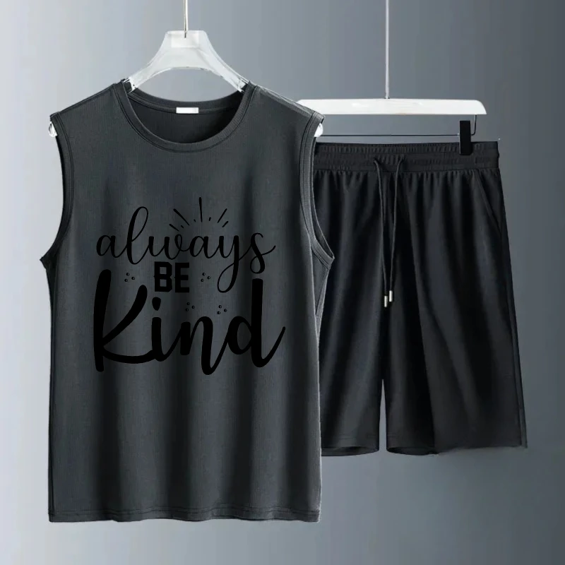 بدلة صدرية رجالية صيفية بدون أكمام مطبوعة دائمًا كن لطيفًا تانك القمم + شورتات طقم رجالي بدلات رياضية ملابس تنقيط سريعة الجفاف