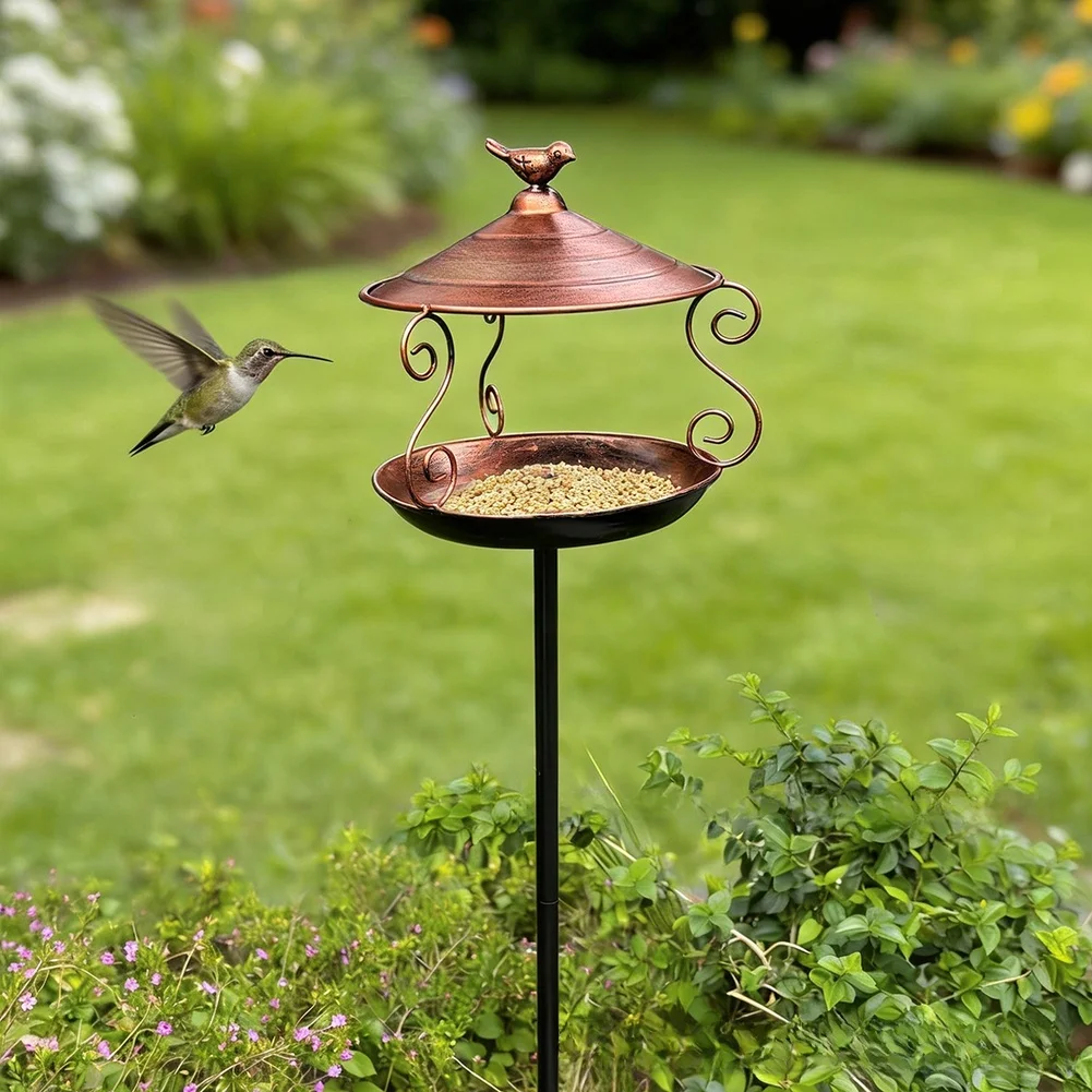 Metal Wrought Iron Bird Feeder 90cm Dark Copper Garden Ornament With Roof Stake For Outdoor Yard Park Holiday Seasonal Decor