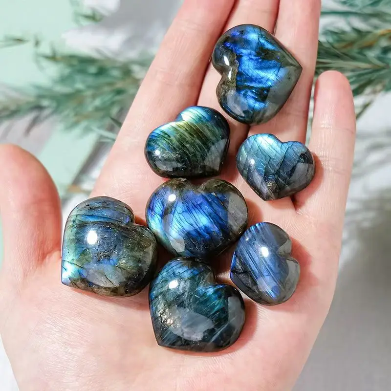 A labradorite heart, naturally cut and polished to perfection, ideal for home and garden decor, as well as festive party gifts