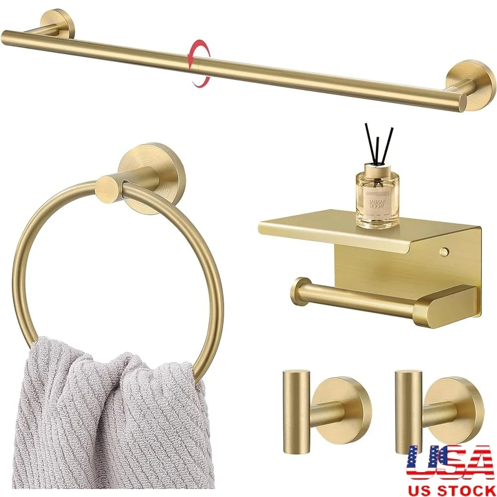 

5-Piece Bathroom Hardware Set Towel Bar Rings Hooks Toilet Paper Holder with Shelf Stainless Steel Easy Installation