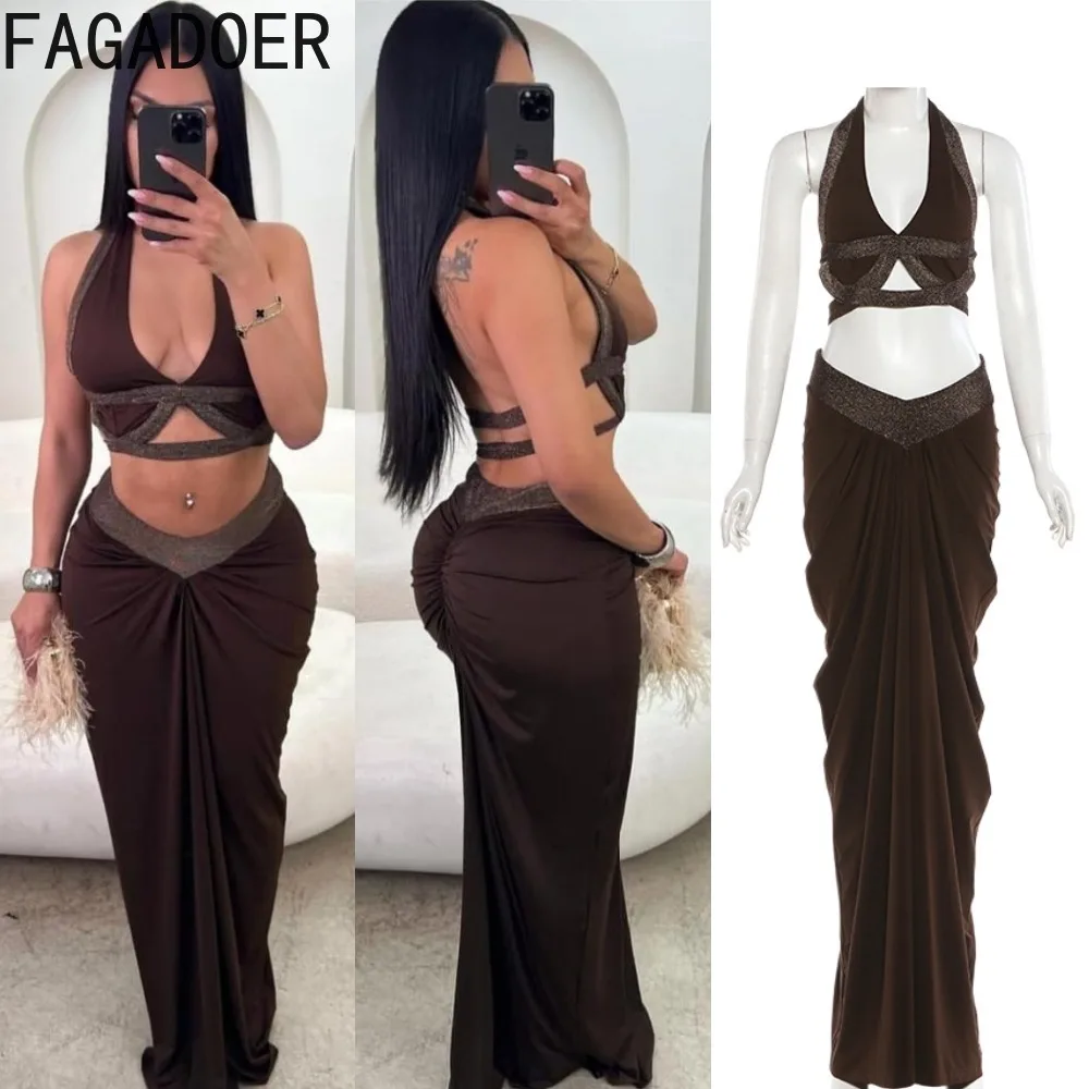 

FAGADOER Sexy Ruched Patchwork Two Piece Outfits Woman Halter Deep V-neck Backless Crop Top and Skirt Female Streetwear Clothing