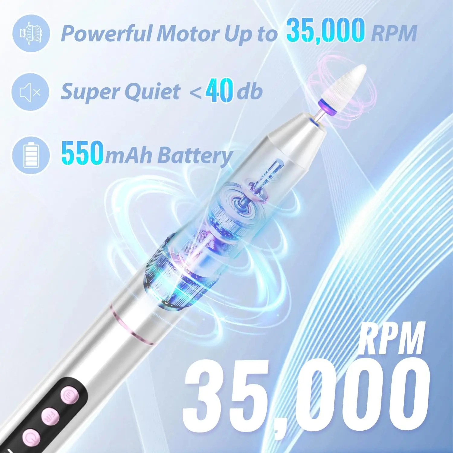 Trapano elettrico per unghie a batteria 35000 giri/min con lampada UV LED, kit manicure pedicure E file per polvere di immersione in gel acrilico argento