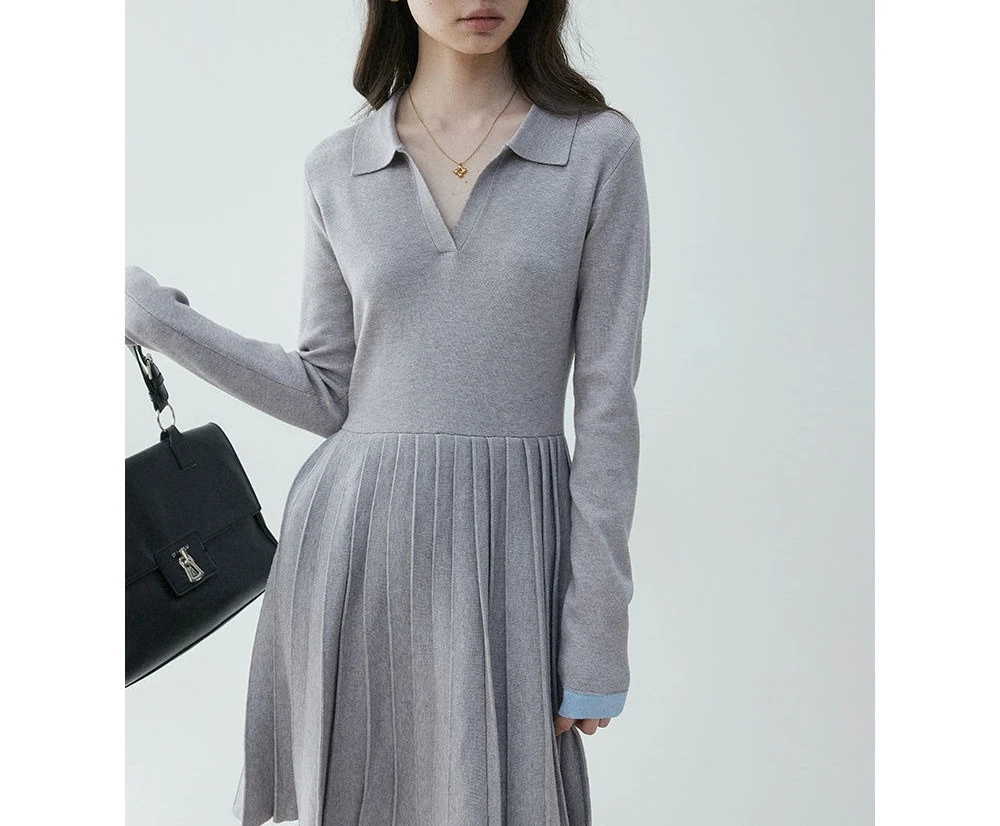 POLO Collar Pleated Knitted Dress for Women's New Color-blocking Skirt