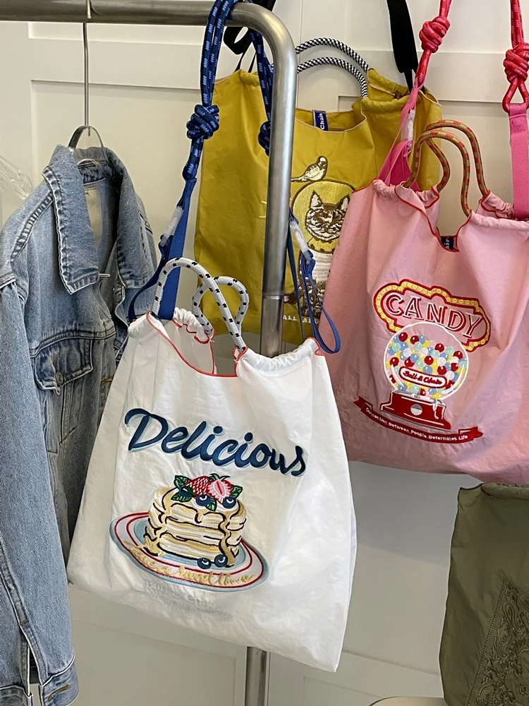 Embroidered Dopaamine  Shopping Bag Handbag Oxford Cloth Bag Nylon Single Shoulder Bag Tote Bag Travel Canvas Bag