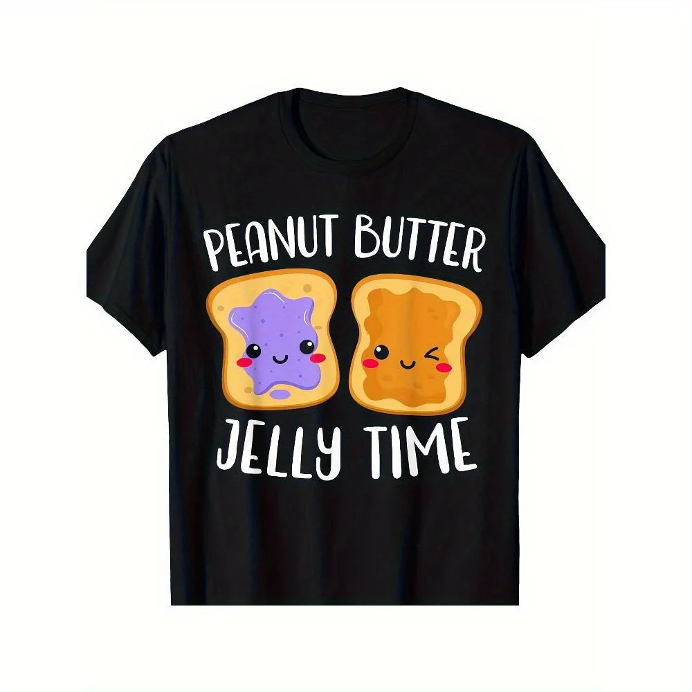 Camiseta gráfica "Peanut Butter Jelly Time" para hombre - 100% algodón, manga corta, corte regular, diseño divertido de comida con maní de dibujos animados