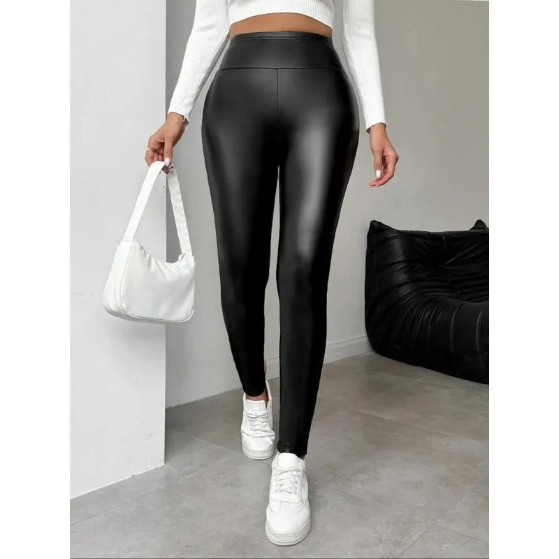 

Skinny PU Leather Pants S 47272 Tight Fit Biker Pants Neutral Style Casual Trousers for Women Spring Season Neutral Waist
