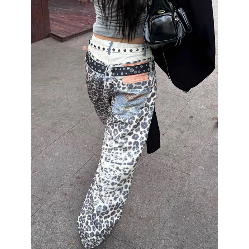 Y2k American Leopard Print Oversized Graffiti 3D Printed Women Loose Jeans 2000s Hip Hop Retro Harajuku Fashion Denim Trousers