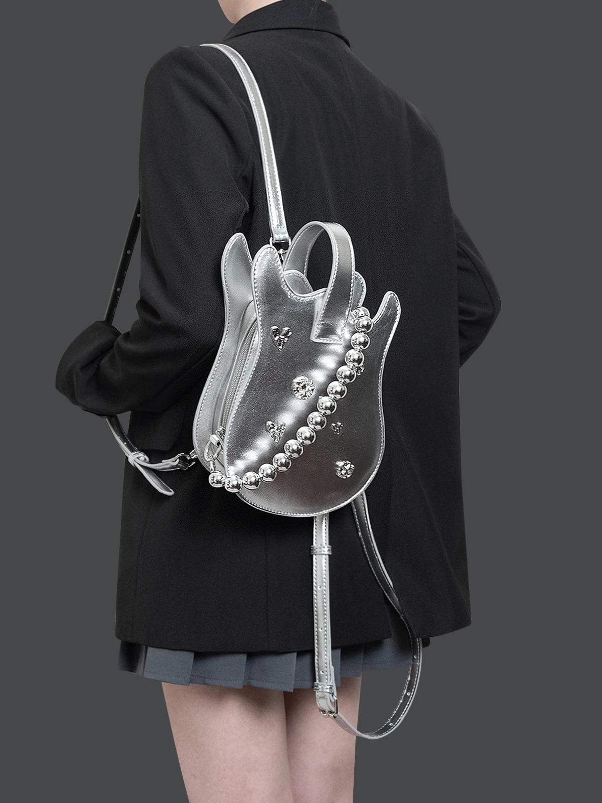 Original Metal Chain Bead Rivet Crossbody Mini Backpack Instrument Guitar Bag Heart-shaped Sparkling Diamond School Backpack