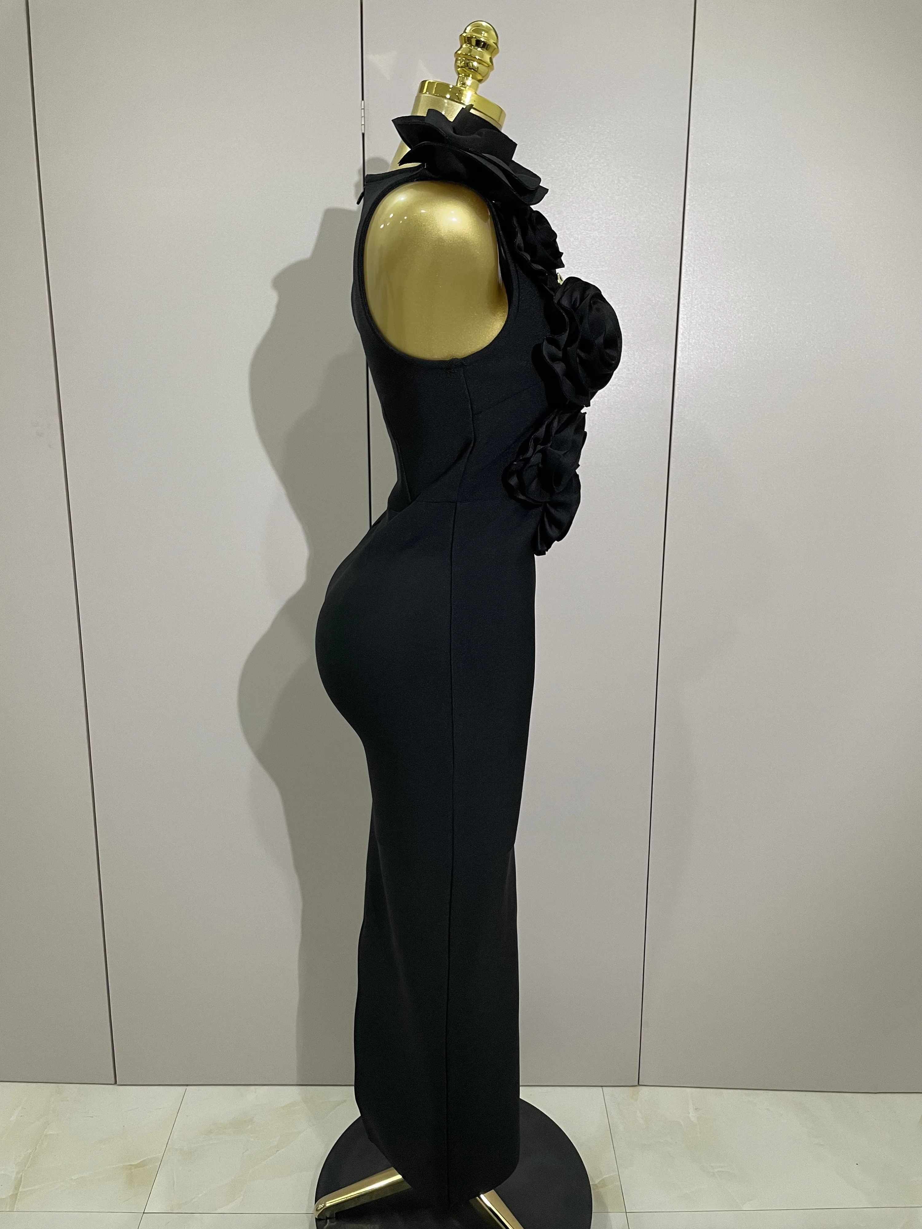 2025 Sexy mode noir 3D fleur sans manches moulante longue robe de pansement femmes célébrité élégante fête d'anniversaire robe robes